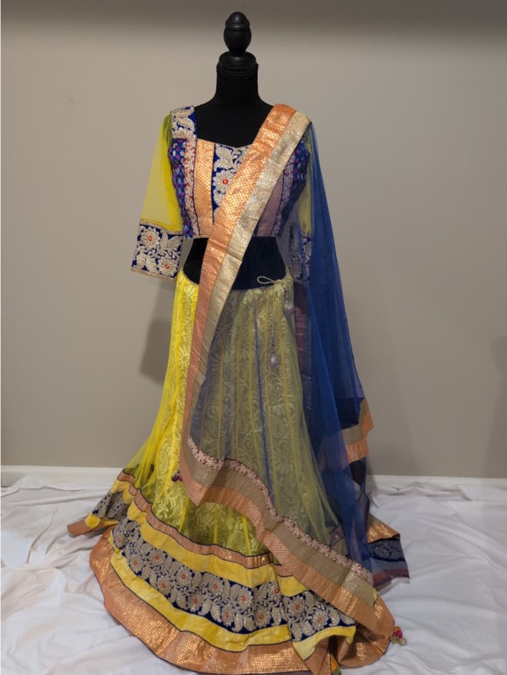 Yellow & Blue Embroidered Lehenga Skirt with Contrast Dupatta